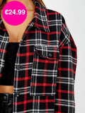 Black Wool Blend Long Check Shacket Coat