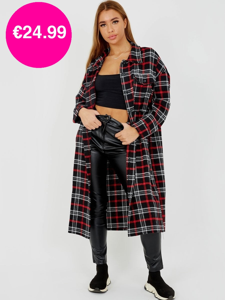 Black Wool Blend Long Check Shacket Coat
