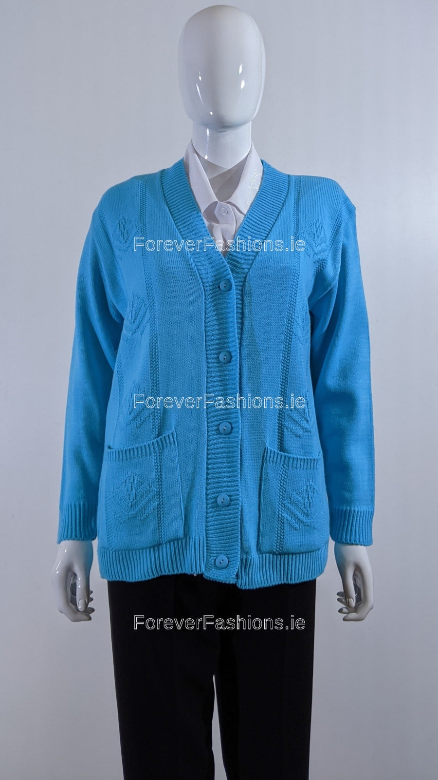 Blue Diamond Design V Neck Button Cardigan with Pockets ForeverFashions.ie