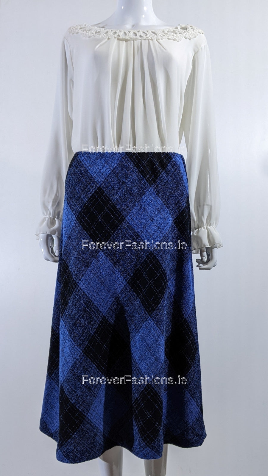 Blue Elasticated Lined A-Line Checked Tartan Warm Skirt