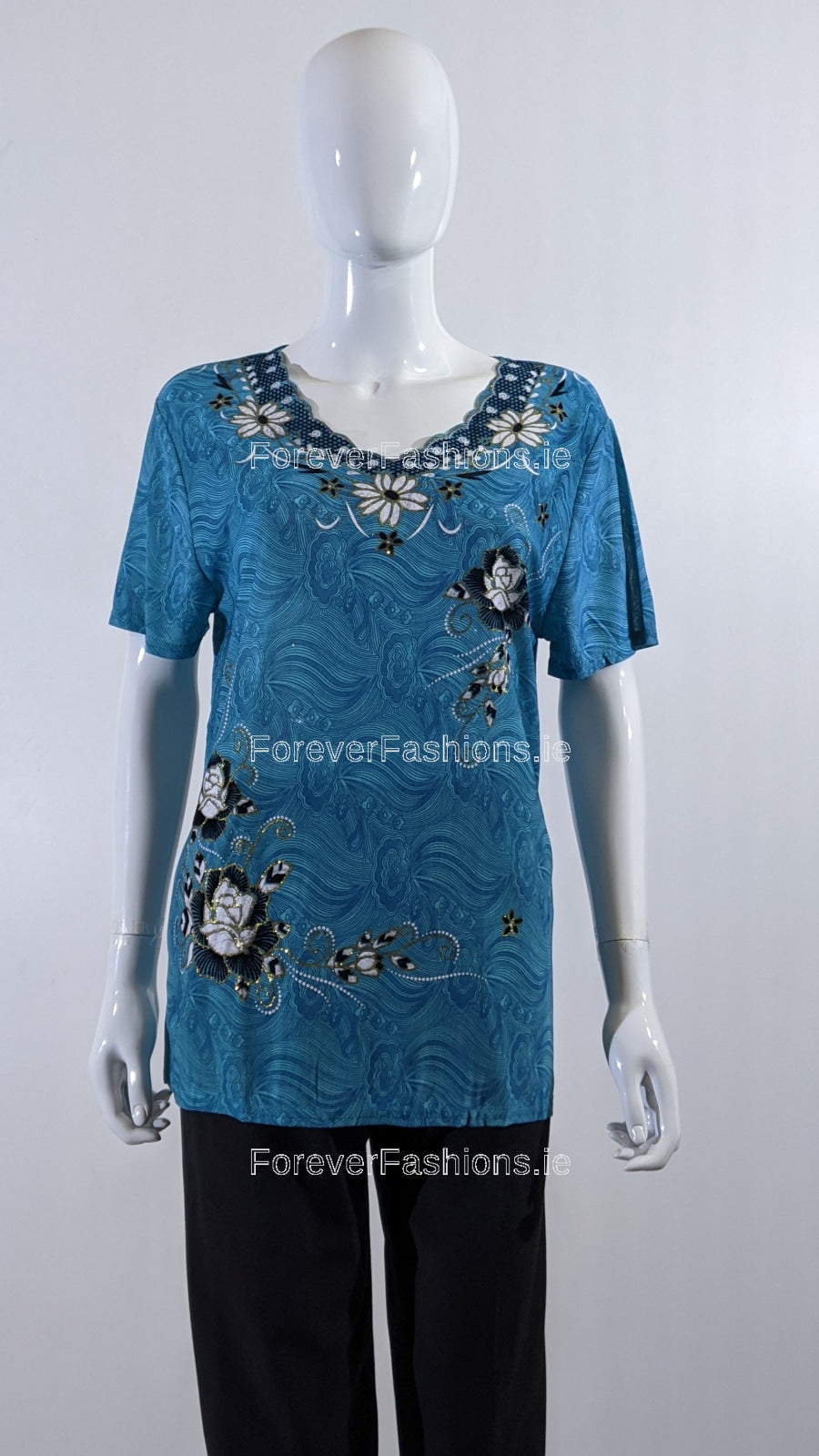 Blue Floral Embroidered Short Sleeve Top