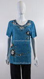 Blue Floral Embroidered Short Sleeve Top