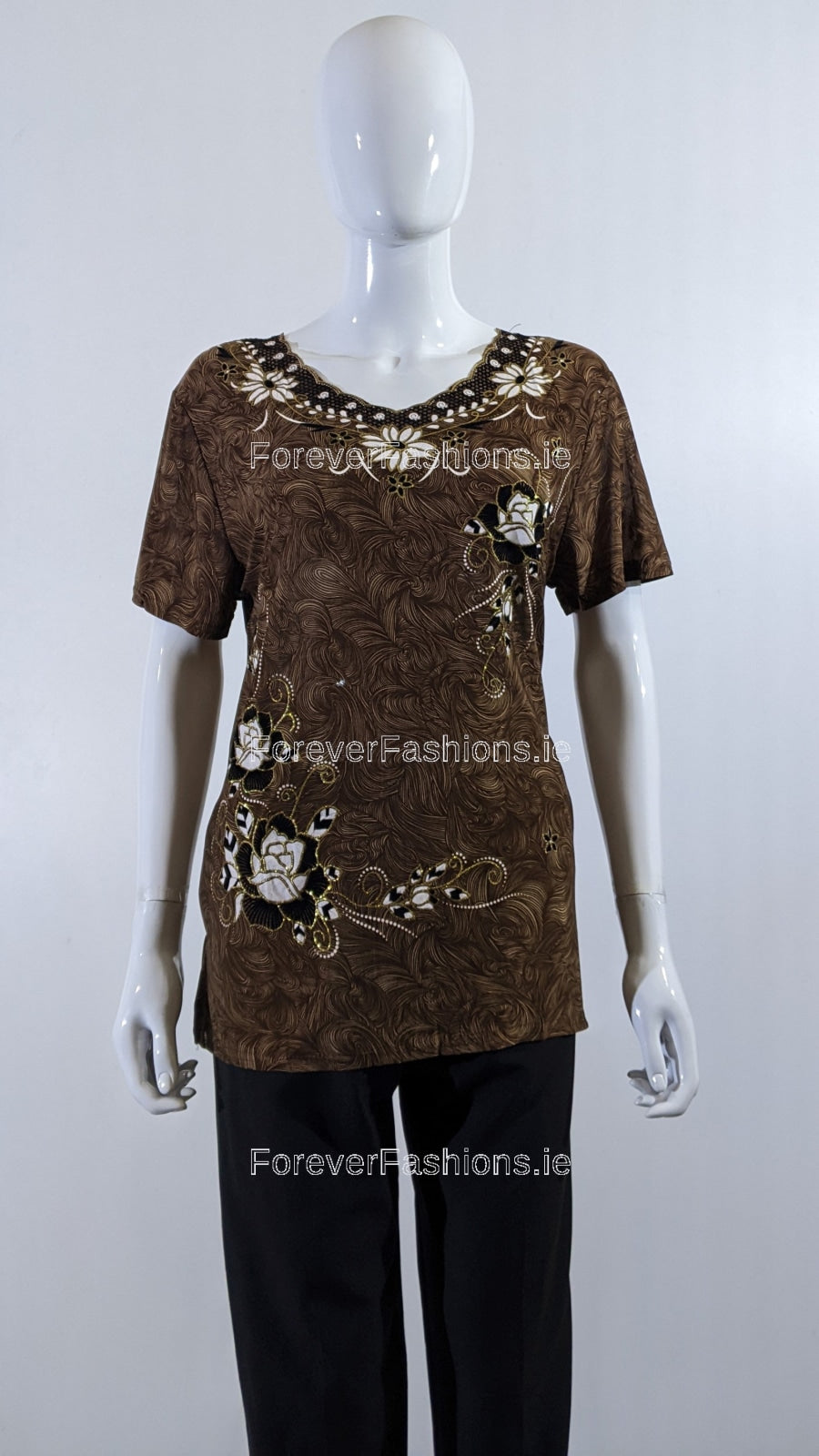 Brown Floral Embroidered Short Sleeve Top