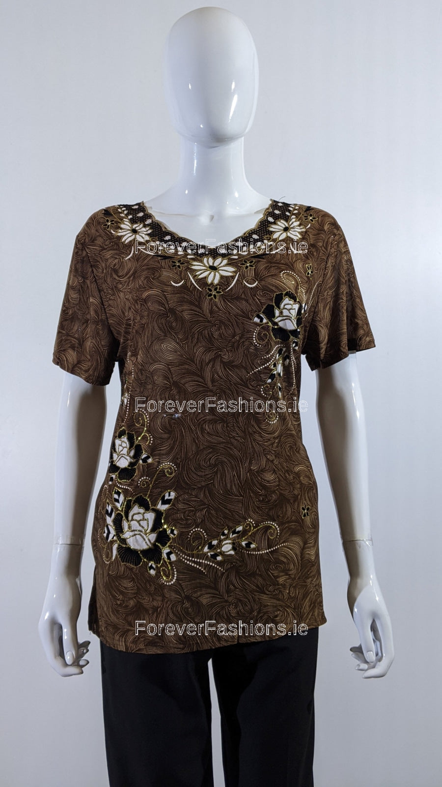 Brown Floral Embroidered Short Sleeve Top