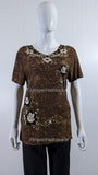 Brown Floral Embroidered Short Sleeve Top