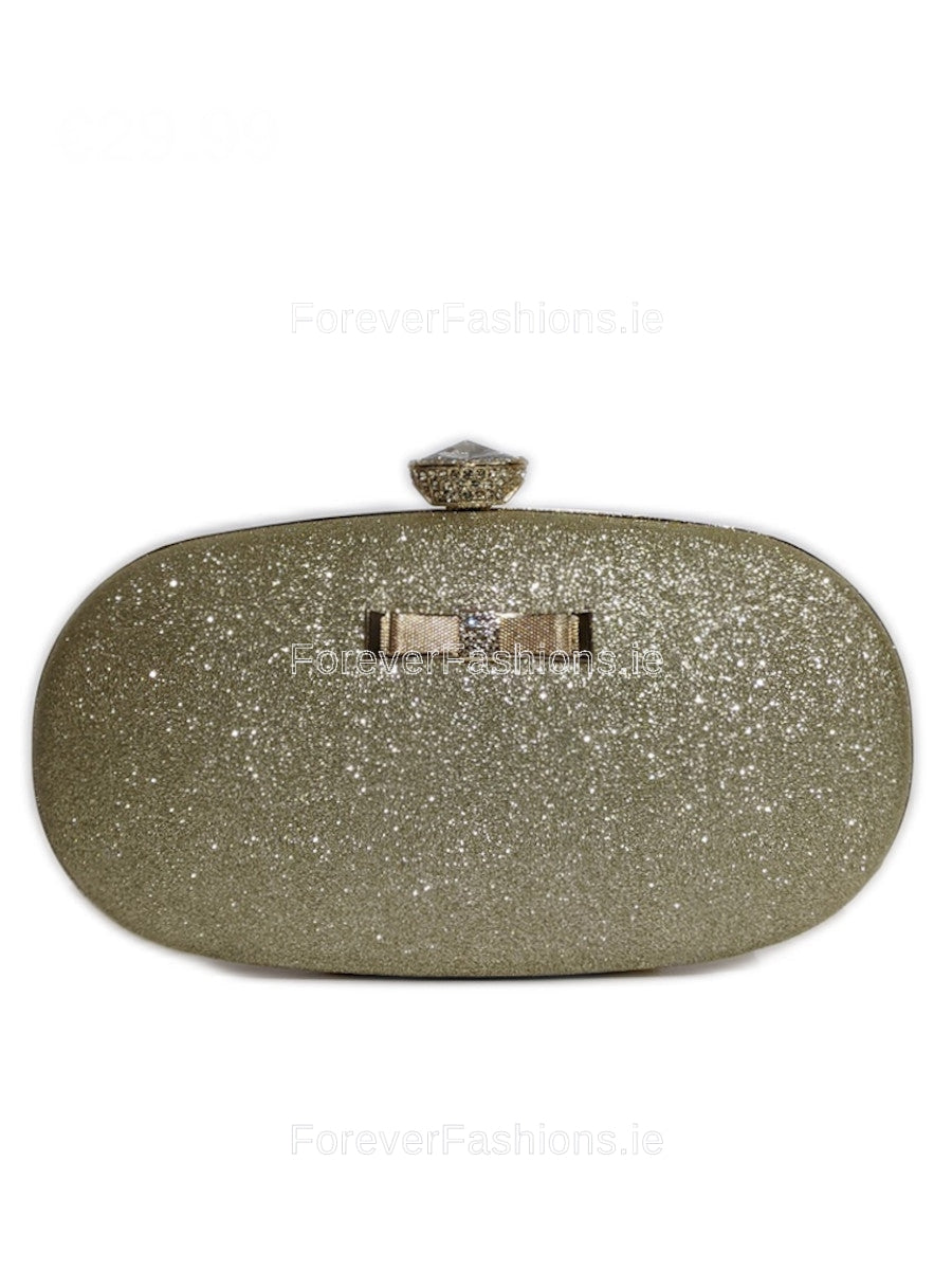 Gold Glitter Diamond Oval Clutch Bag with Gold Chain