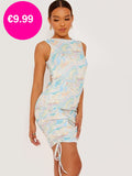 Multi Marble Print Sleeveless Ruched Dress