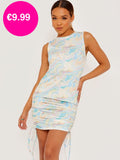 Multi Marble Print Sleeveless Ruched Dress