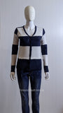 Navy And White Button Up Two Pockets Stripe Cardigan