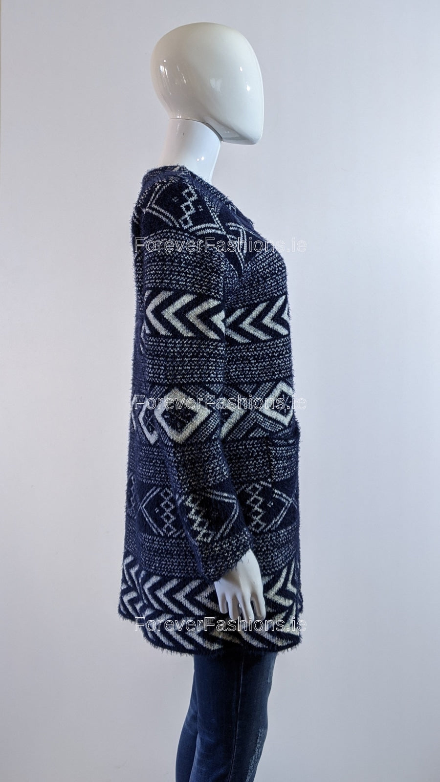 Navy Diamond Pattern Fluffy Open Cardigan
