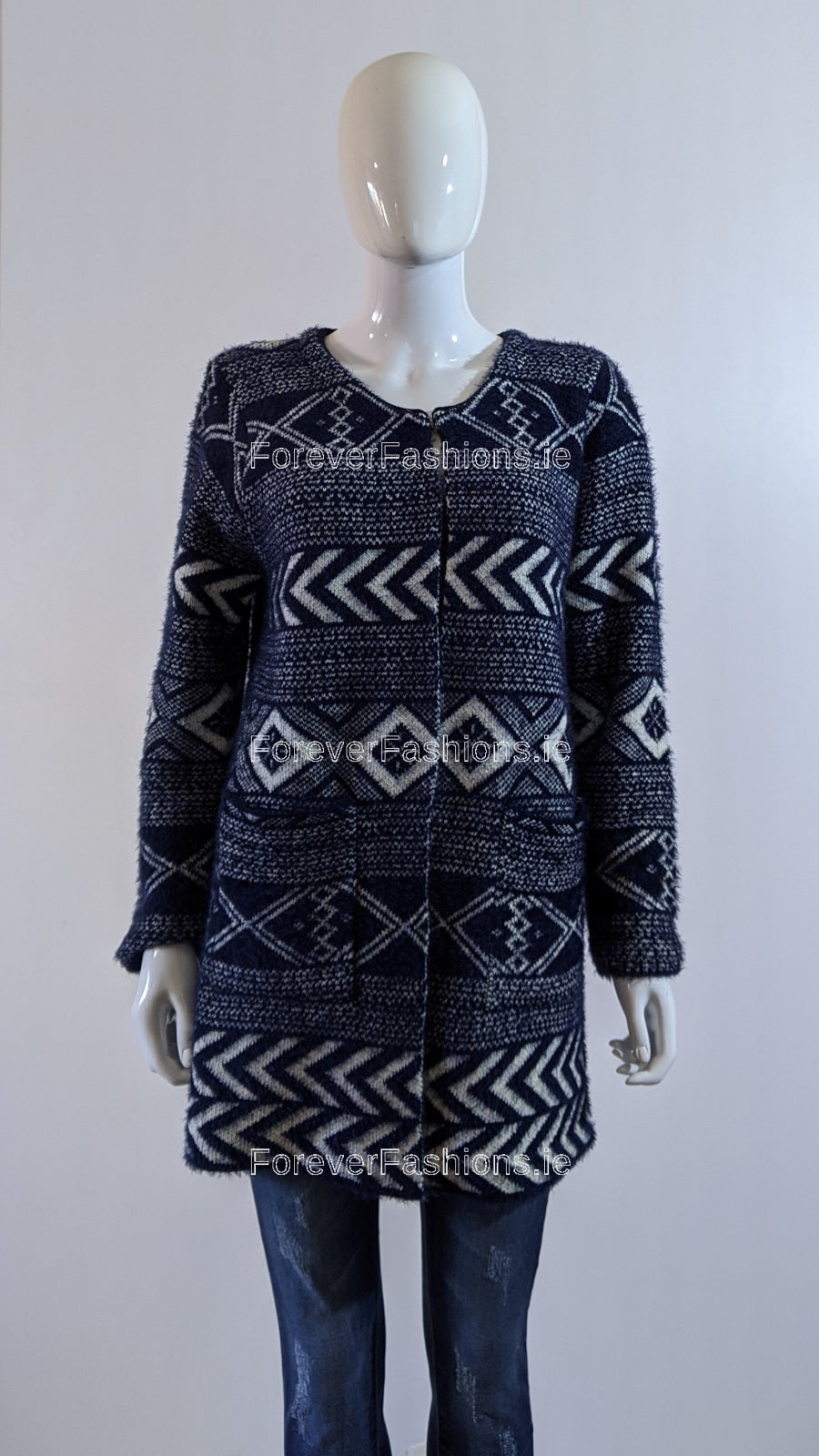 Navy Diamond Pattern Fluffy Open Cardigan