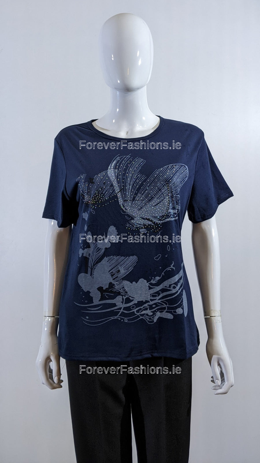 Navy Floral Design Crew Neck Cotton T-Shirt