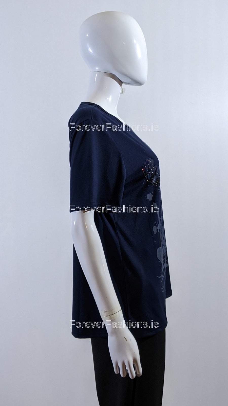 Navy Floral Design Crew Neck Cotton T-Shirt