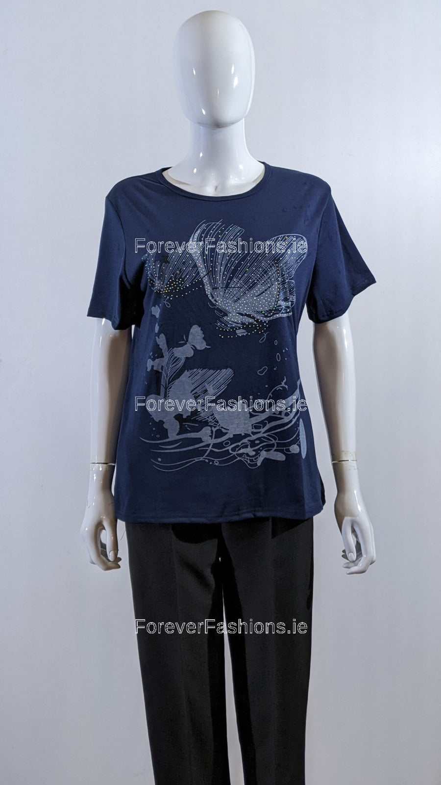 Navy Floral Design Crew Neck Cotton T-Shirt