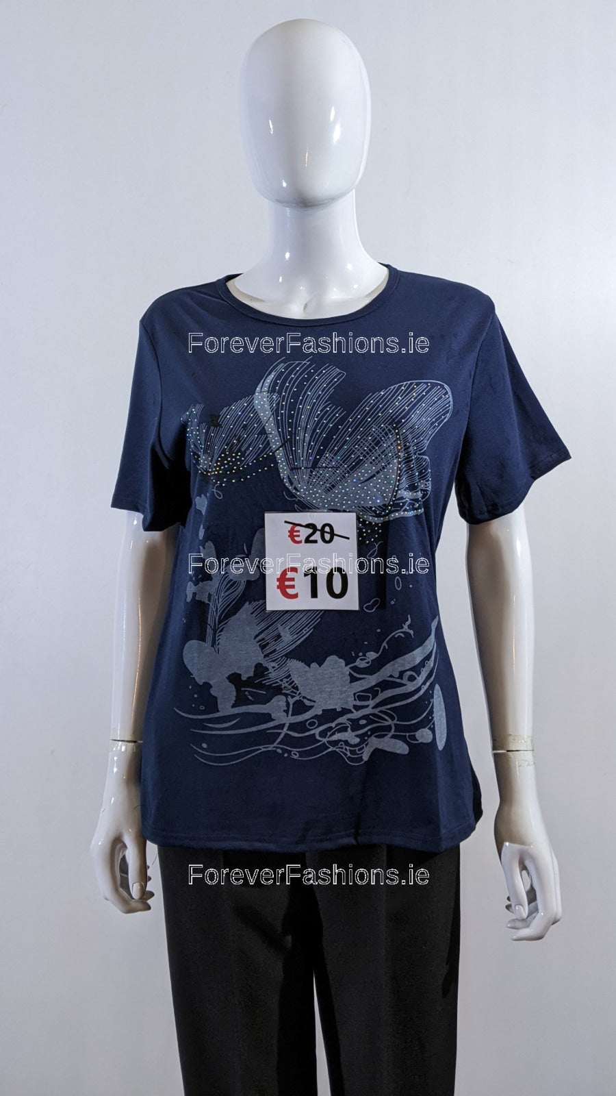 Navy Floral Design Crew Neck Cotton T-Shirt