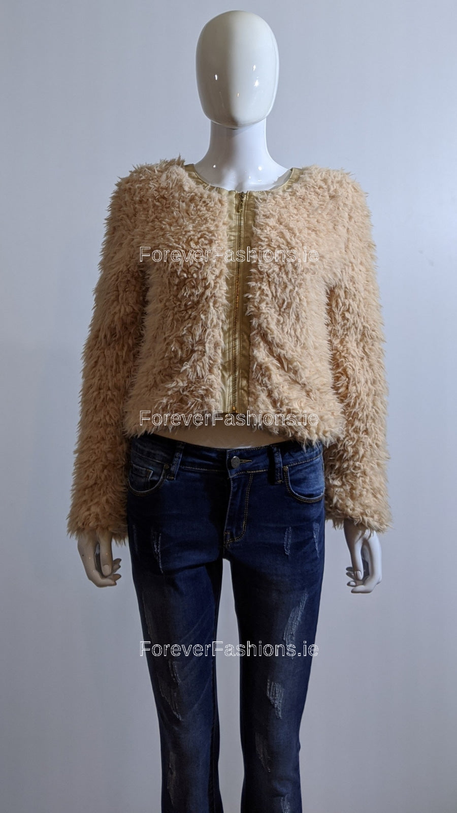 Peach Faux Fur Fluffy Zip Up Cropped Coat