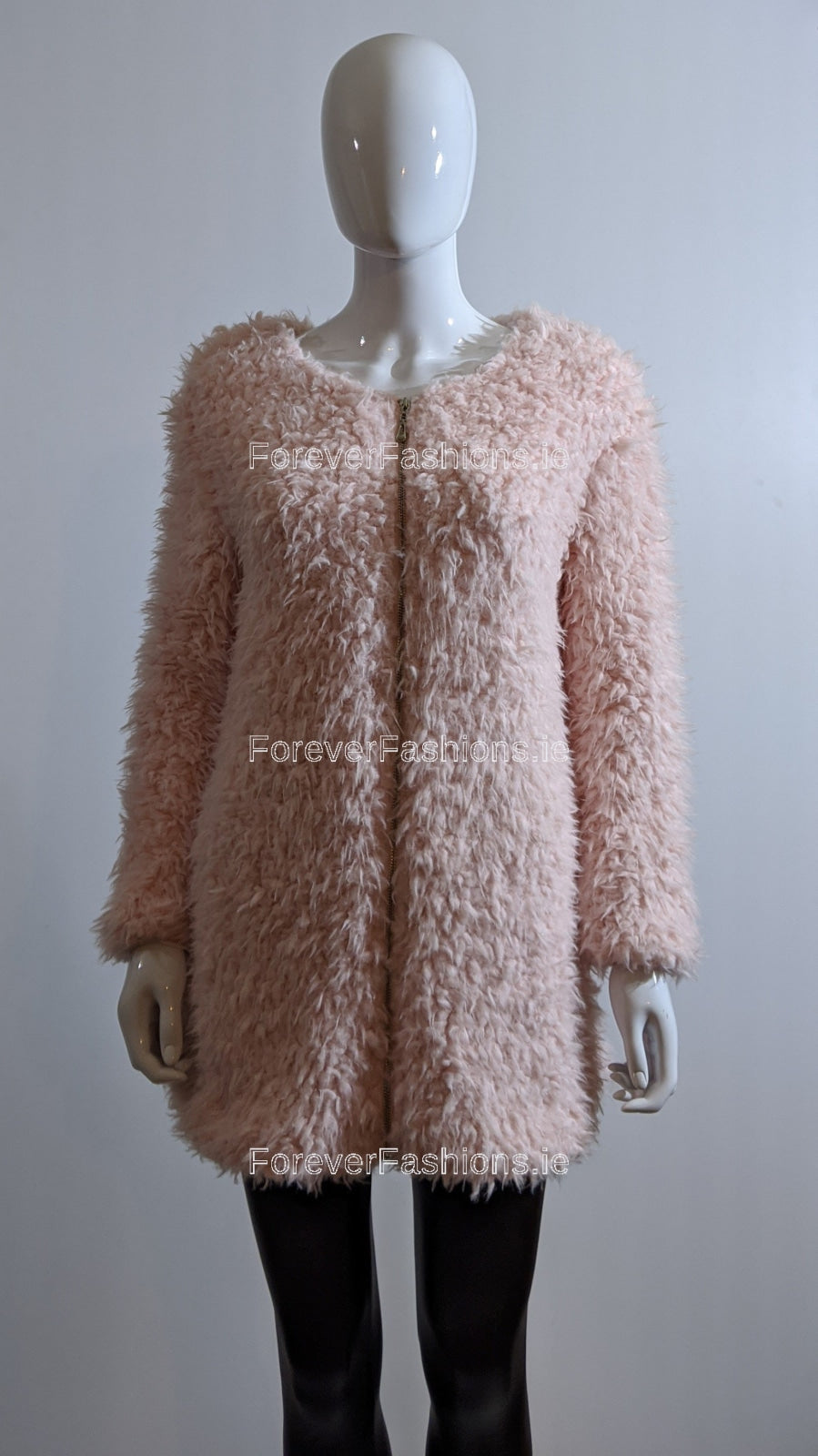 Pink Fluffy Zip Up Faux Fur Coat