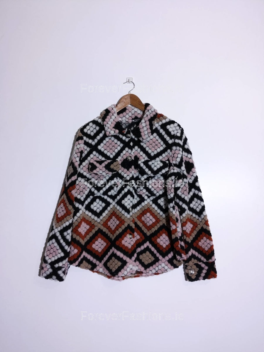 Pink Wool Blend Aztec Print Button Up Shacket