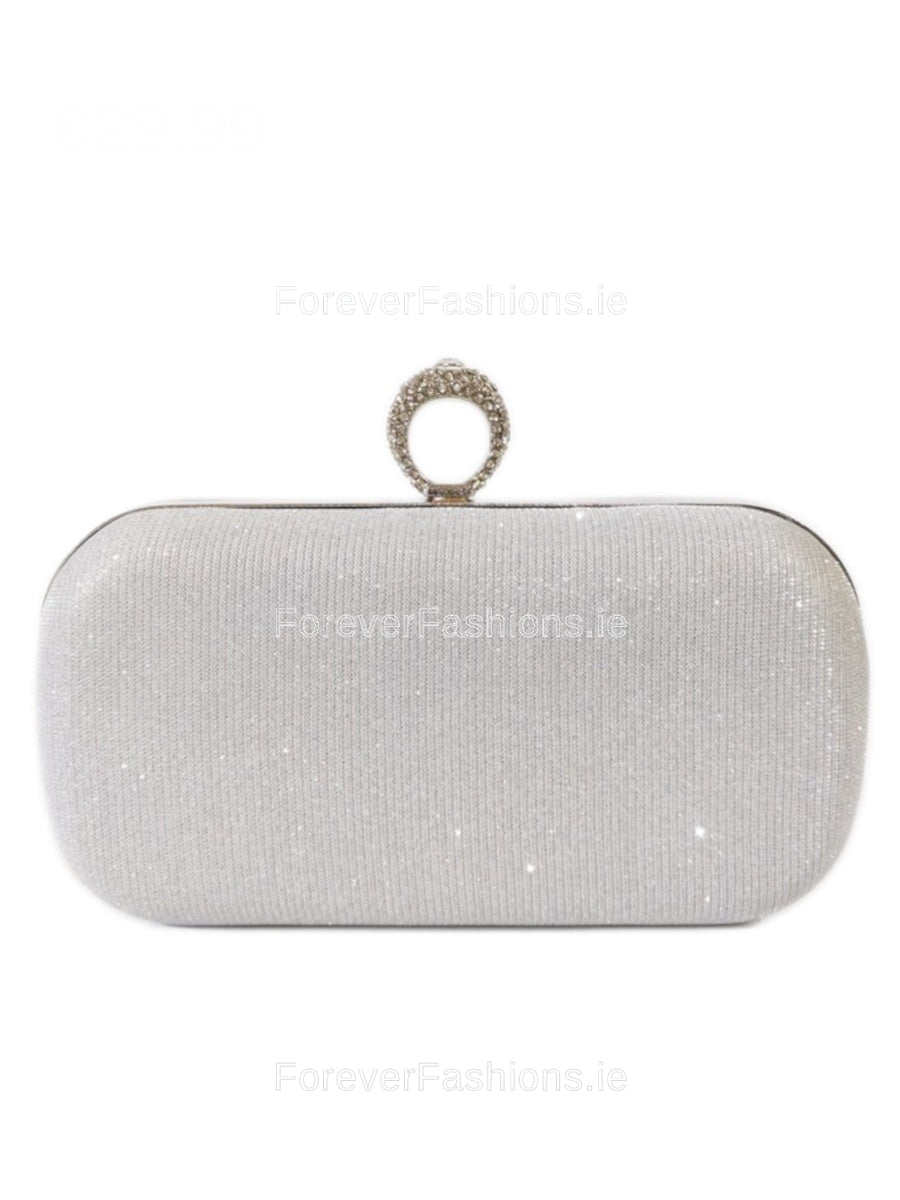 Silver Glitter Diamond Ring Detail Clutch Bag