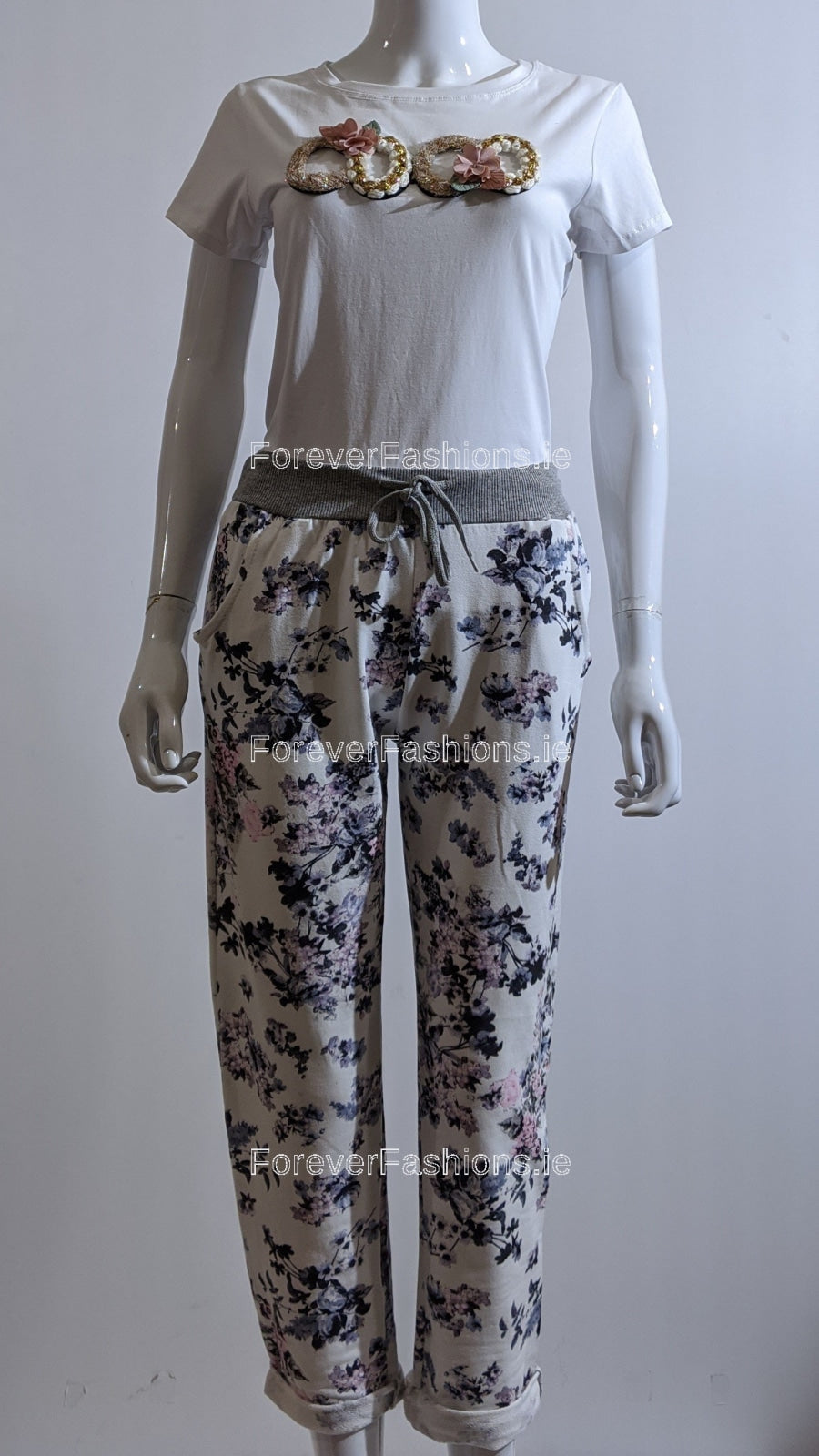 White Navy Floral Print Trouser