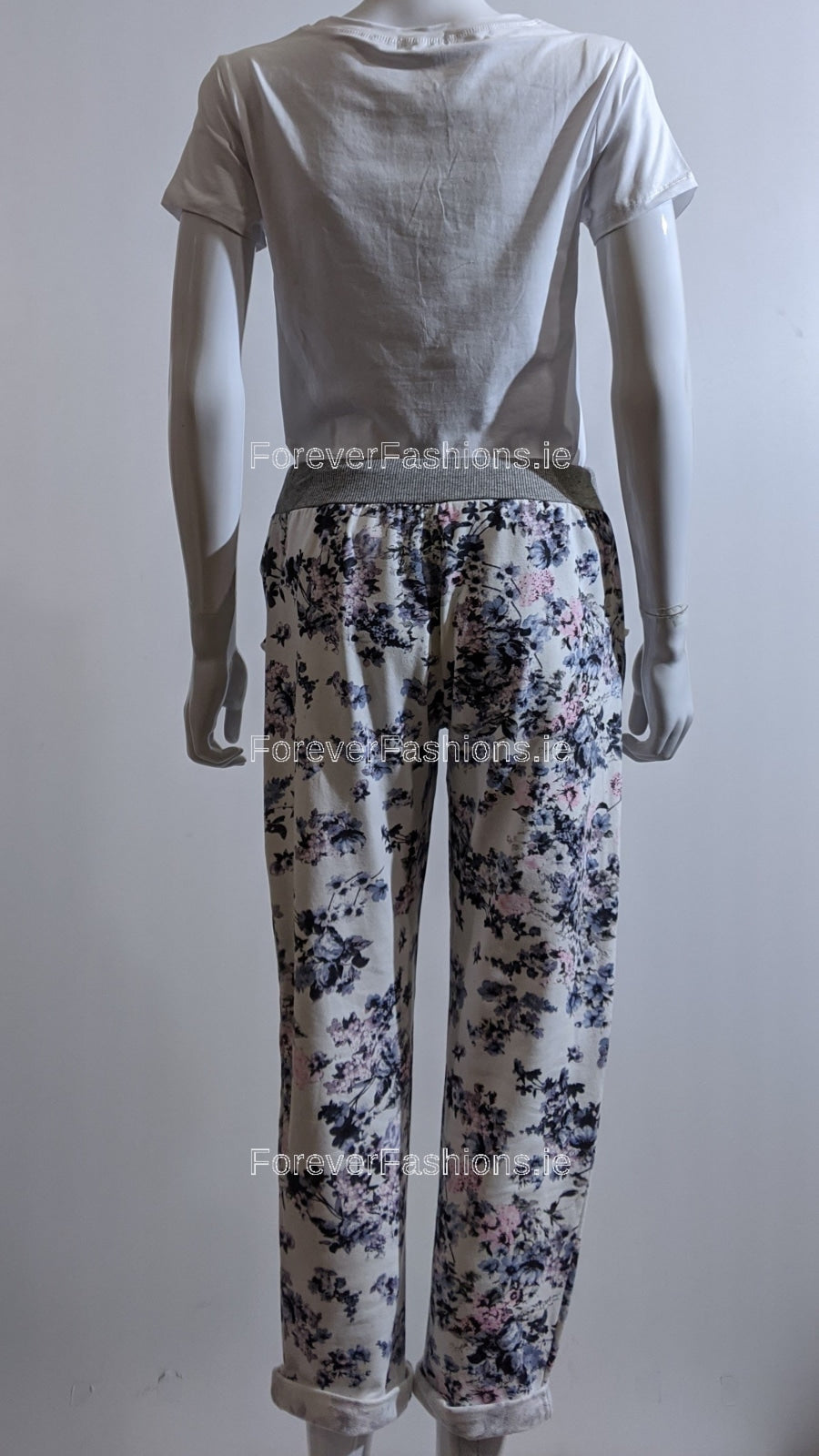 White Navy Floral Print Trouser