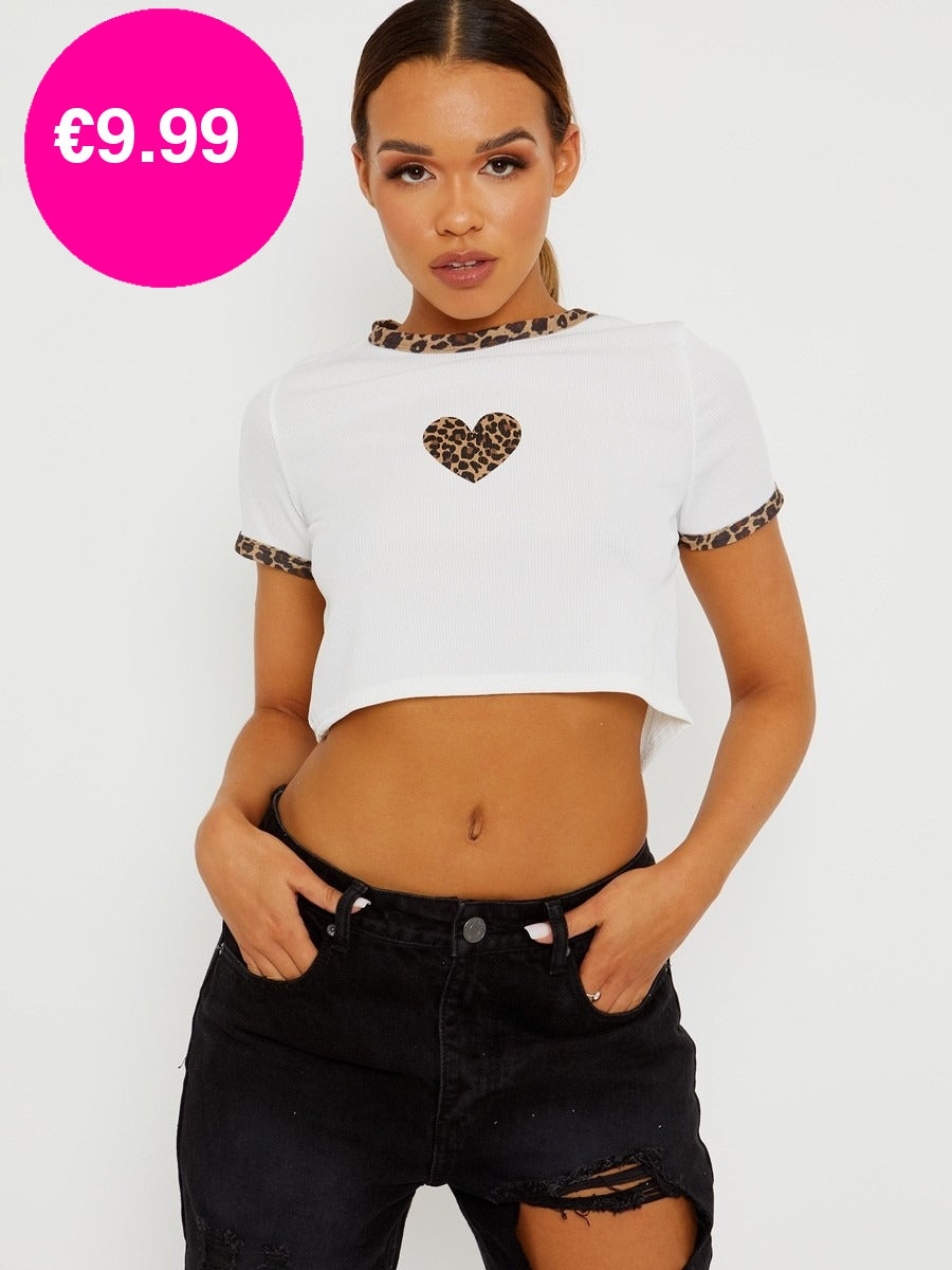 White Ribbed Leopard Heart Crop Top
