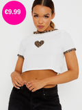 White Ribbed Leopard Heart Crop Top