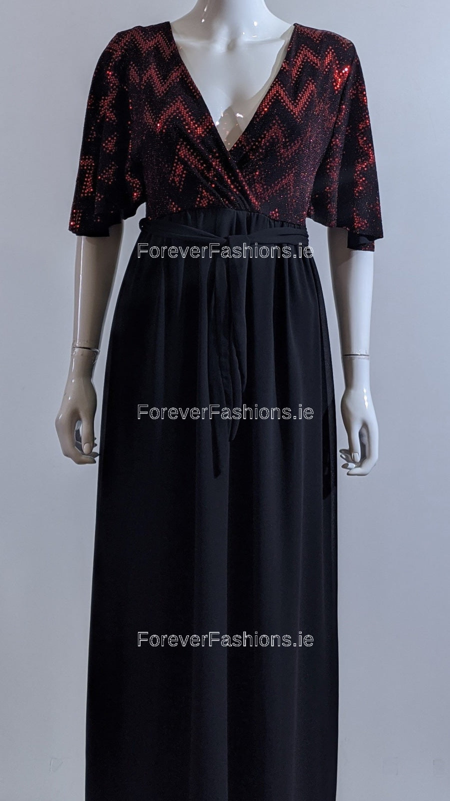 Wine Sparkle Glitter Design V-Neck Long Dress